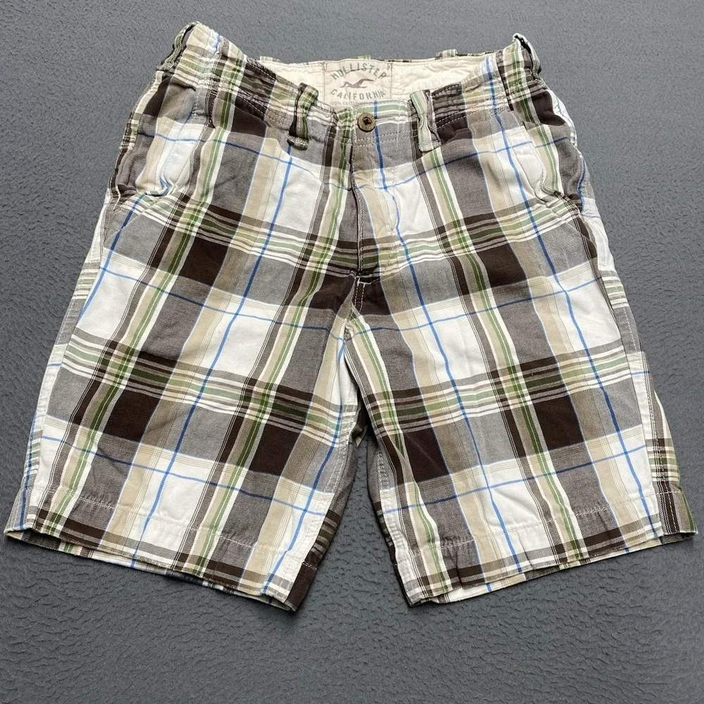 VTG Hollister Shorts Mens 30 Multicolor Plaid Chino Cotton Casual Flat Front y2k